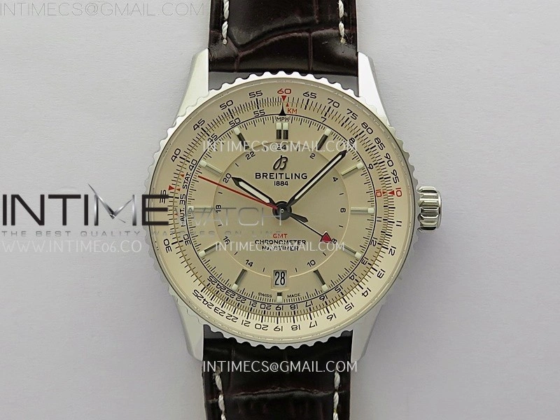 Navitimer 41mm GMT SS BLSF 1:1 Best Edition Champagne Gold Dial on Brown Leather Strap A2836