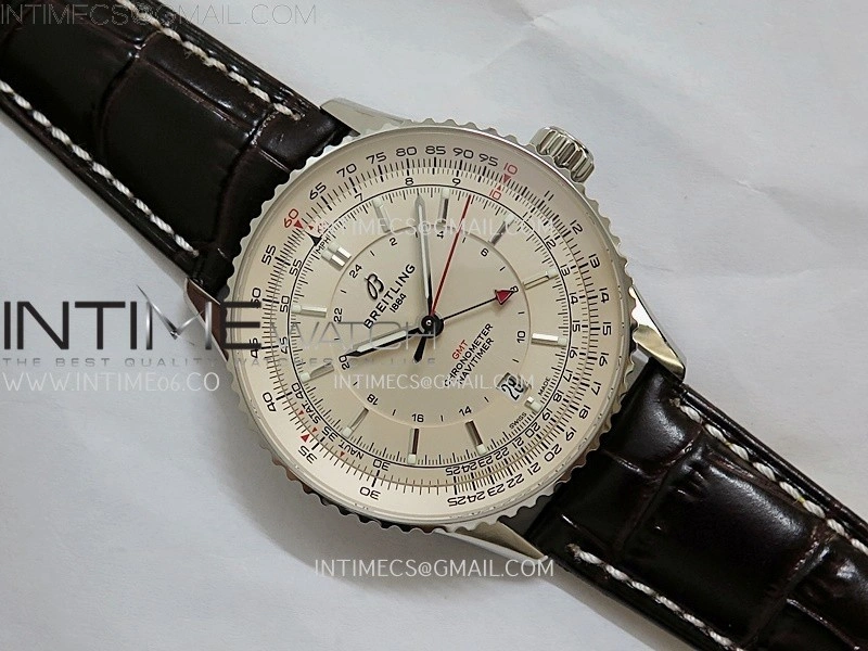Navitimer 41mm GMT SS BLSF 1:1 Best Edition Champagne Gold Dial on Brown Leather Strap A2836