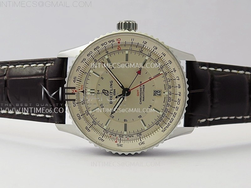 Navitimer 41mm GMT SS BLSF 1:1 Best Edition Champagne Gold Dial on Brown Leather Strap A2836
