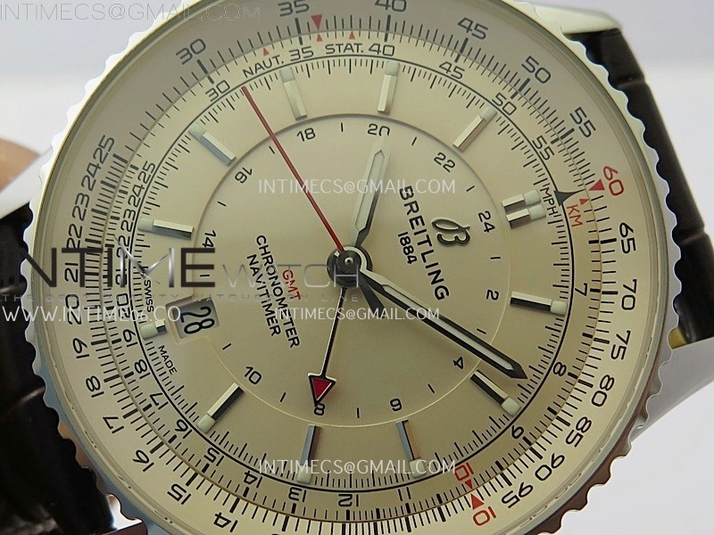 Navitimer 41mm GMT SS BLSF 1:1 Best Edition Champagne Gold Dial on Brown Leather Strap A2836