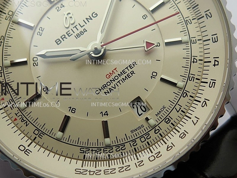 Navitimer 41mm GMT SS BLSF 1:1 Best Edition Champagne Gold Dial on Brown Leather Strap A2836