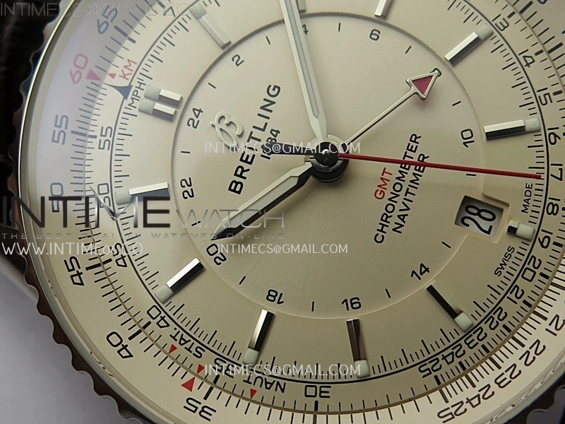 Navitimer 41mm GMT SS BLSF 1:1 Best Edition Champagne Gold Dial on Brown Leather Strap A2836