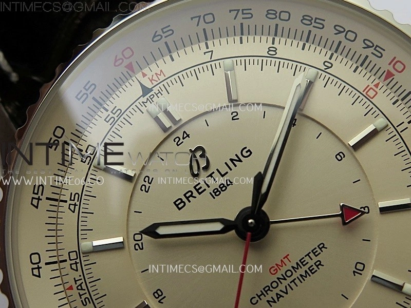 Navitimer 41mm GMT SS BLSF 1:1 Best Edition Champagne Gold Dial on Brown Leather Strap A2836
