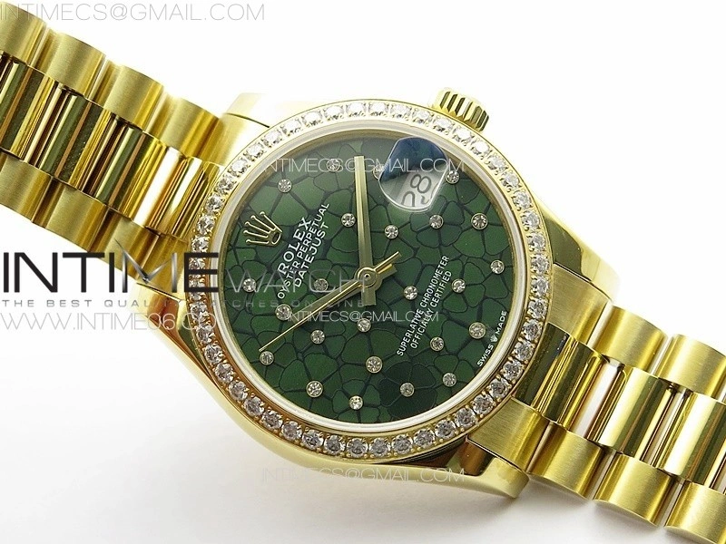 DateJust 31mm YG APSF Best Edition Green Flowers Crystals Dial on President Bracelet A2824