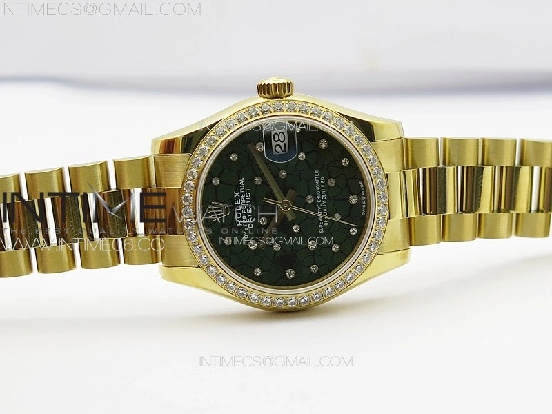 DateJust 31mm YG APSF Best Edition Green Flowers Crystals Dial on President Bracelet A2824