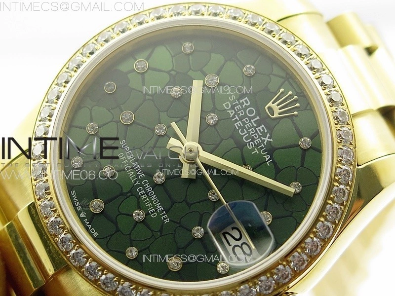 DateJust 31mm YG APSF Best Edition Green Flowers Crystals Dial on President Bracelet A2824