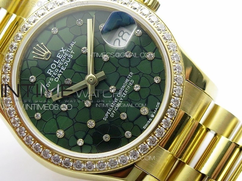 DateJust 31mm YG APSF Best Edition Green Flowers Crystals Dial on President Bracelet A2824