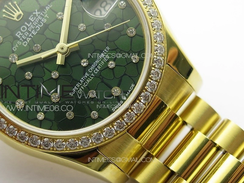 DateJust 31mm YG APSF Best Edition Green Flowers Crystals Dial on President Bracelet A2824