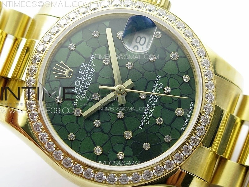 DateJust 31mm YG APSF Best Edition Green Flowers Crystals Dial on President Bracelet A2824