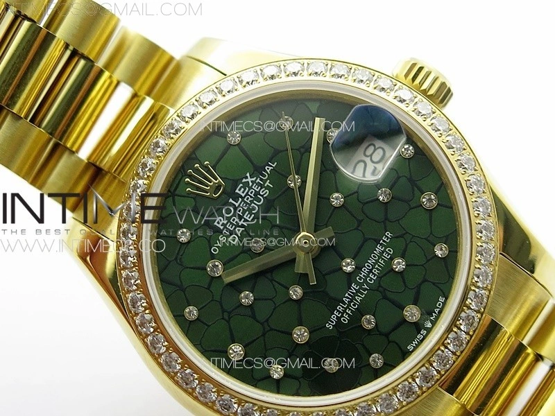 DateJust 31mm YG APSF Best Edition Green Flowers Crystals Dial on President Bracelet A2824