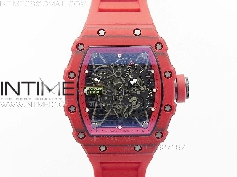 RM 035-2 Red Forged Carbon Red Inner Bezel Skeleton Dial on Red Rubber Strap MIYOTA9015
