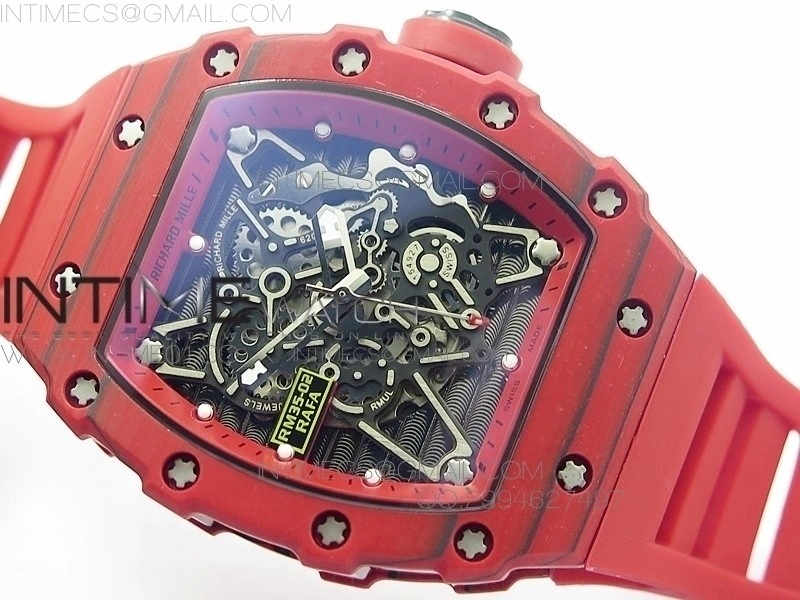 RM 035-2 Red Forged Carbon Red Inner Bezel Skeleton Dial on Red Rubber Strap MIYOTA9015