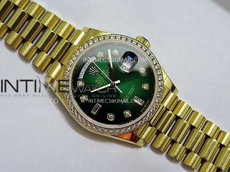 Day Date 128348 YG Gain Weight KF 1:1 Green Dial Diamond Marker On President Bracelet A2836