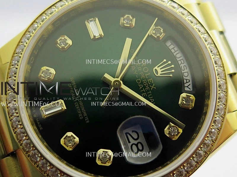 Day Date 128348 YG Gain Weight KF 1:1 Green Dial Diamond Marker On President Bracelet A2836