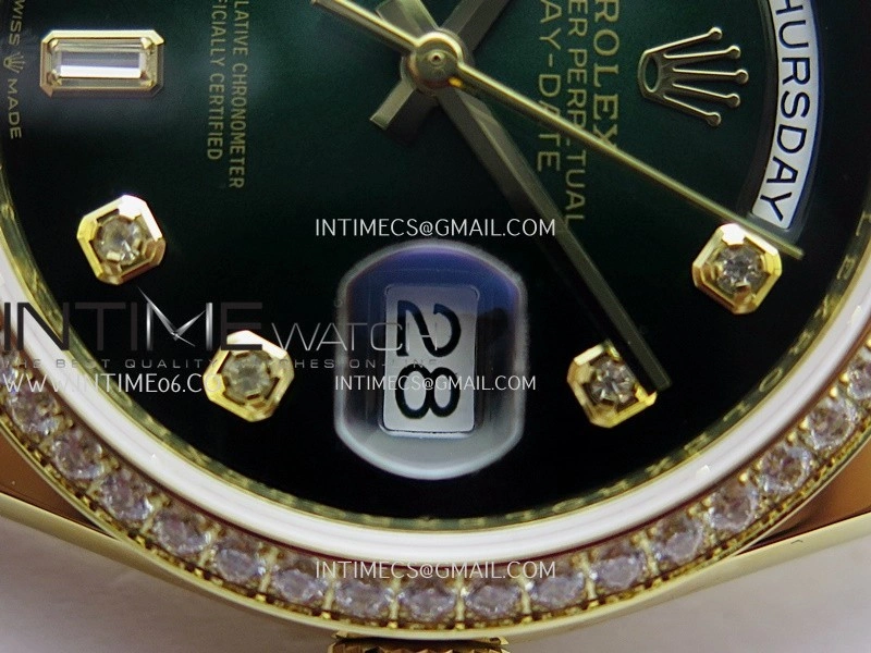 Day Date 128348 YG Gain Weight KF 1:1 Green Dial Diamond Marker On President Bracelet A2836