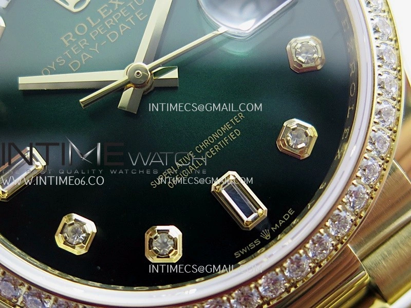 Day Date 128348 YG Gain Weight KF 1:1 Green Dial Diamond Marker On President Bracelet A2836
