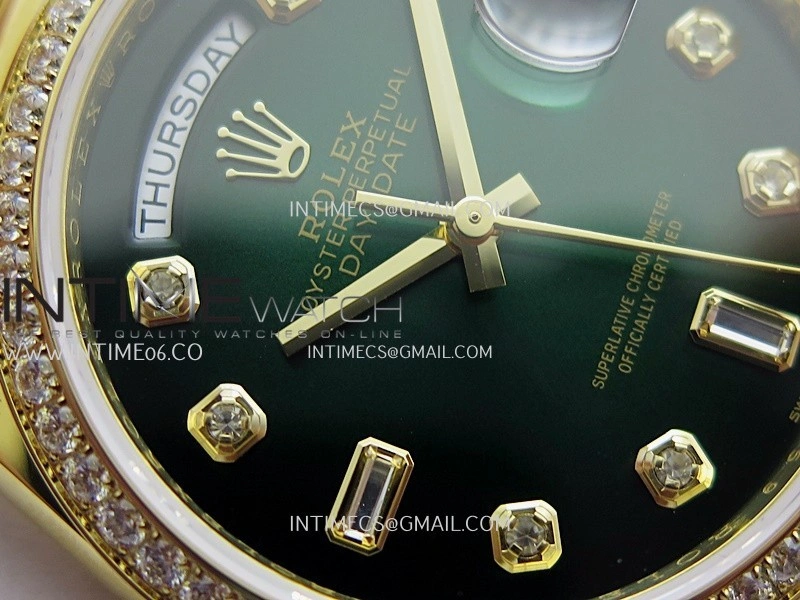 Day Date 128348 YG Gain Weight KF 1:1 Green Dial Diamond Marker On President Bracelet A2836