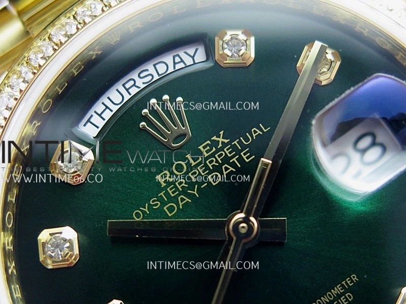 Day Date 128348 YG Gain Weight KF 1:1 Green Dial Diamond Marker On President Bracelet A2836