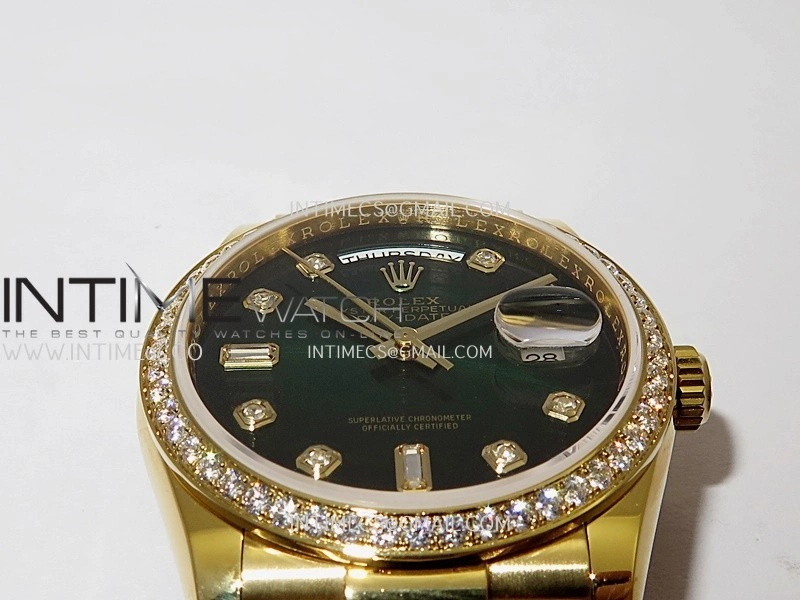 Day Date 128348 YG Gain Weight KF 1:1 Green Dial Diamond Marker On President Bracelet A2836