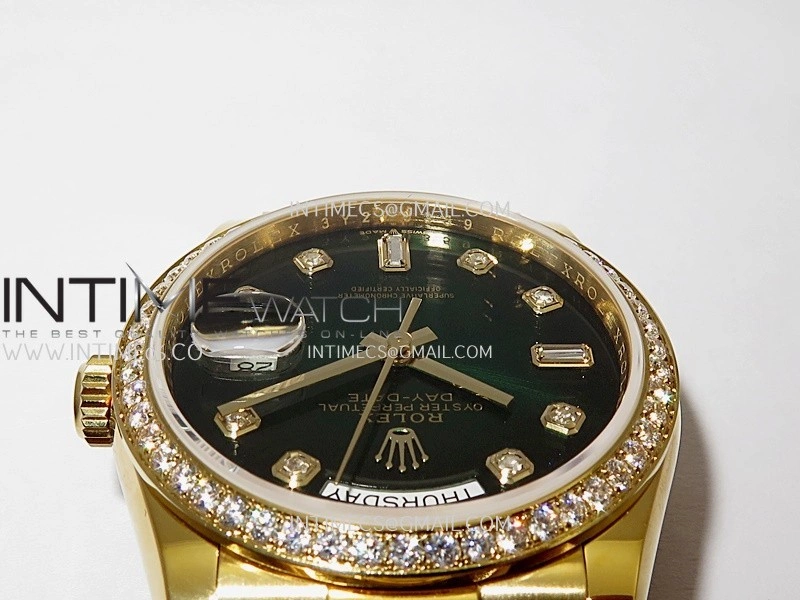 Day Date 128348 YG Gain Weight KF 1:1 Green Dial Diamond Marker On President Bracelet A2836
