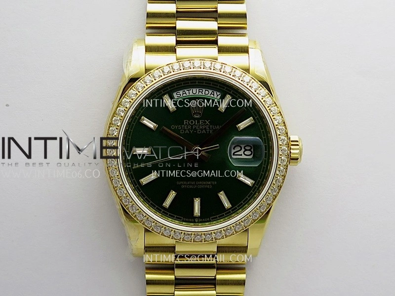 Day Date 128348 YG Gain Weight KF 1:1 Green Dial T Diamond Marker On President Bracelet A2836