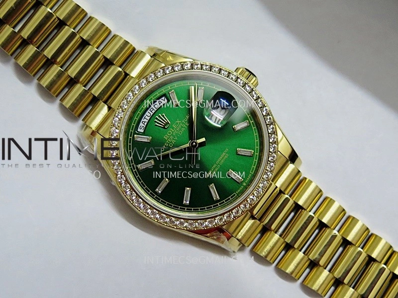 Day Date 128348 YG Gain Weight KF 1:1 Green Dial T Diamond Marker On President Bracelet A2836