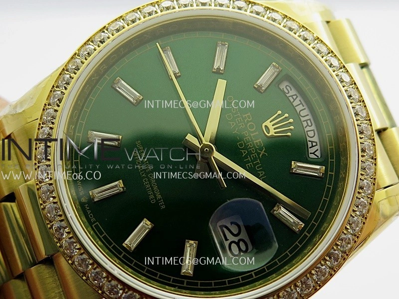 Day Date 128348 YG Gain Weight KF 1:1 Green Dial T Diamond Marker On President Bracelet A2836