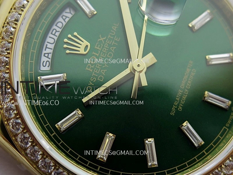 Day Date 128348 YG Gain Weight KF 1:1 Green Dial T Diamond Marker On President Bracelet A2836