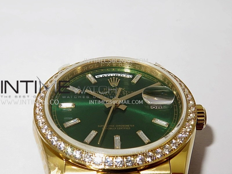 Day Date 128348 YG Gain Weight KF 1:1 Green Dial T Diamond Marker On President Bracelet A2836