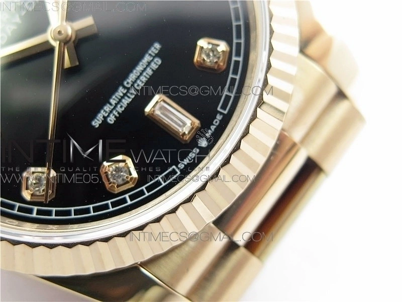 Day-Date 36 128239 RG BP Best Edition Black Crystal Markers Dial on RG President Bracelet