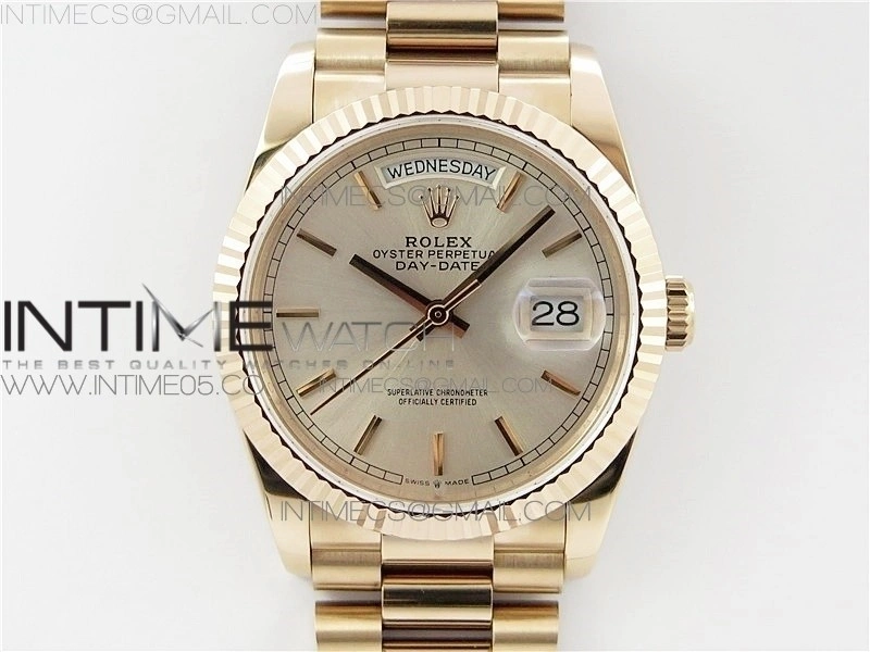 Day-Date 36 128239 RG BP Best Edition Silver Sticks Markers Dial on RG President Bracelet