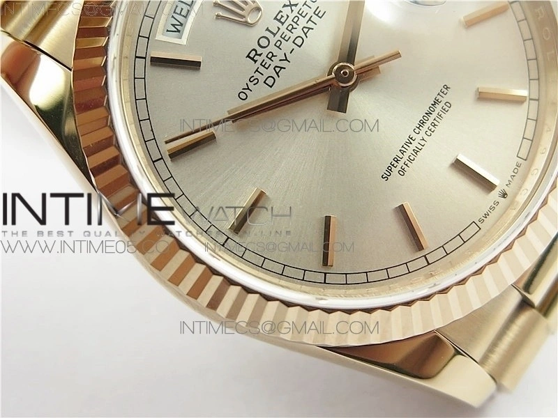 Day-Date 36 128239 RG BP Best Edition Silver Sticks Markers Dial on RG President Bracelet