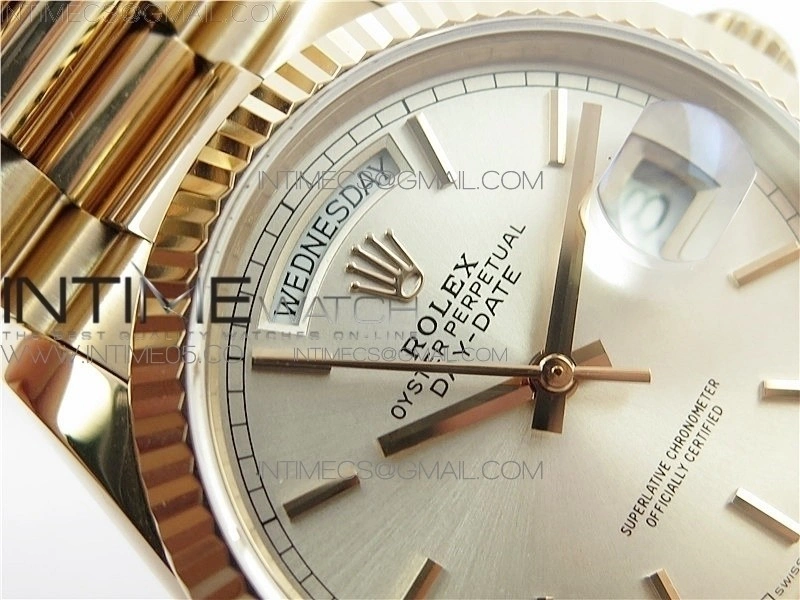 Day-Date 36 128239 RG BP Best Edition Silver Sticks Markers Dial on RG President Bracelet