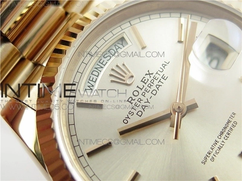 Day-Date 36 128239 RG BP Best Edition Silver Sticks Markers Dial on RG President Bracelet