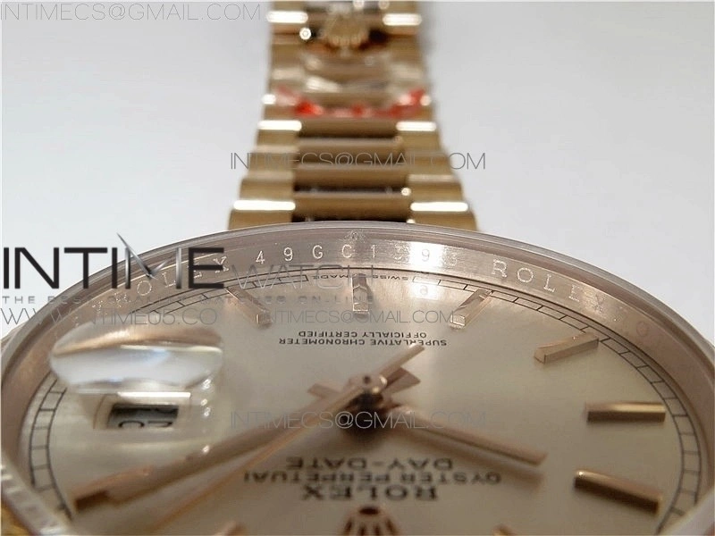 Day-Date 36 128239 RG BP Best Edition Silver Sticks Markers Dial on RG President Bracelet