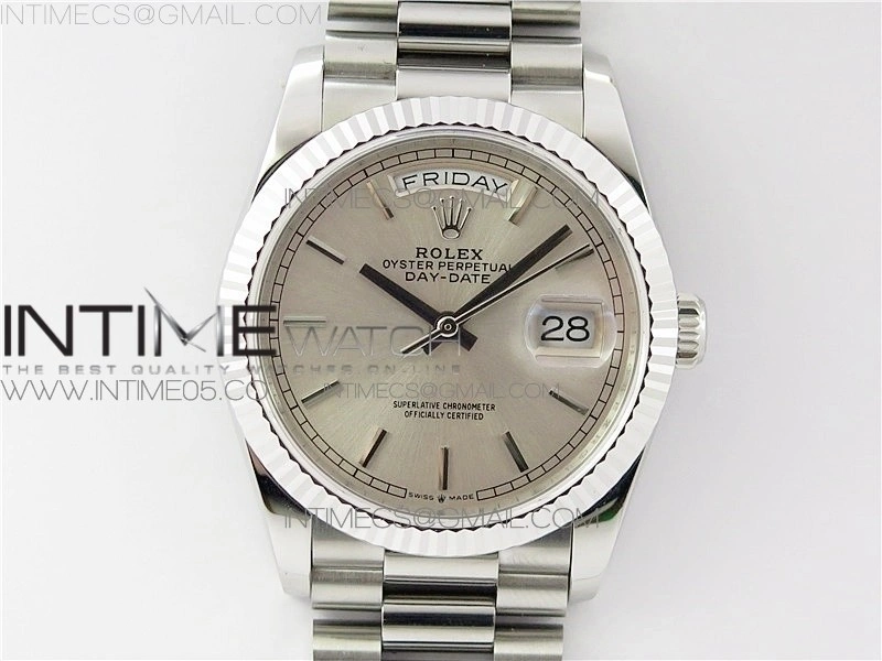Day-Date 36 128239 SS BP Best Edition Silver Sticks Markers Dial on SS President Bracelet