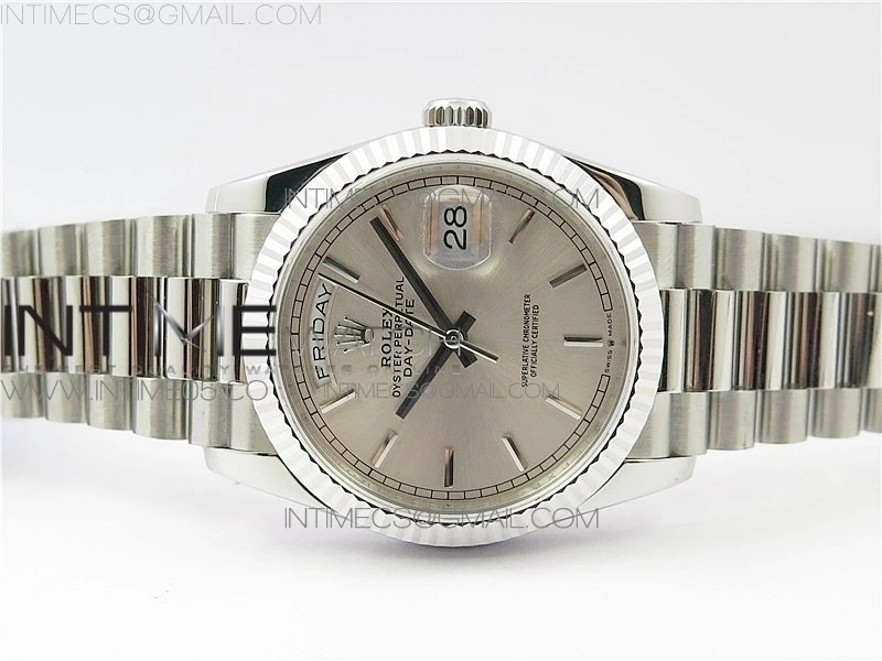 Day-Date 36 128239 SS BP Best Edition Silver Sticks Markers Dial on SS President Bracelet