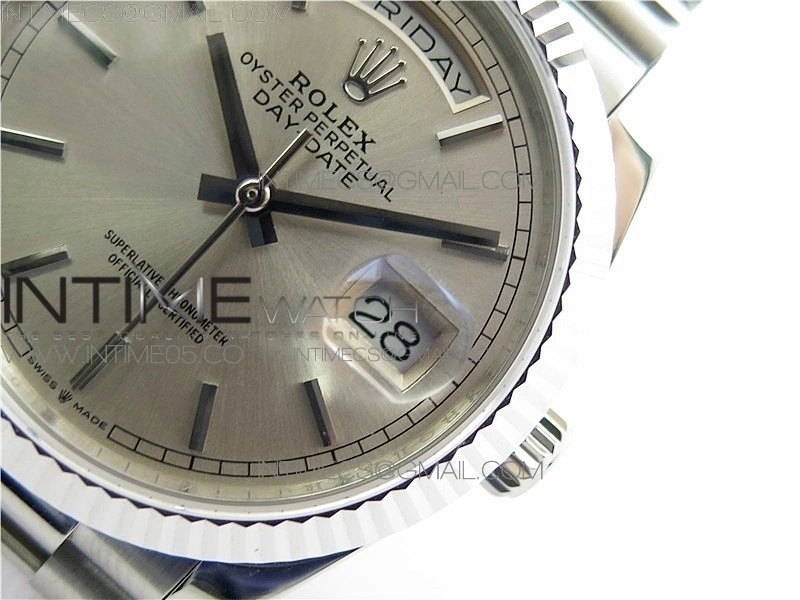 Day-Date 36 128239 SS BP Best Edition Silver Sticks Markers Dial on SS President Bracelet