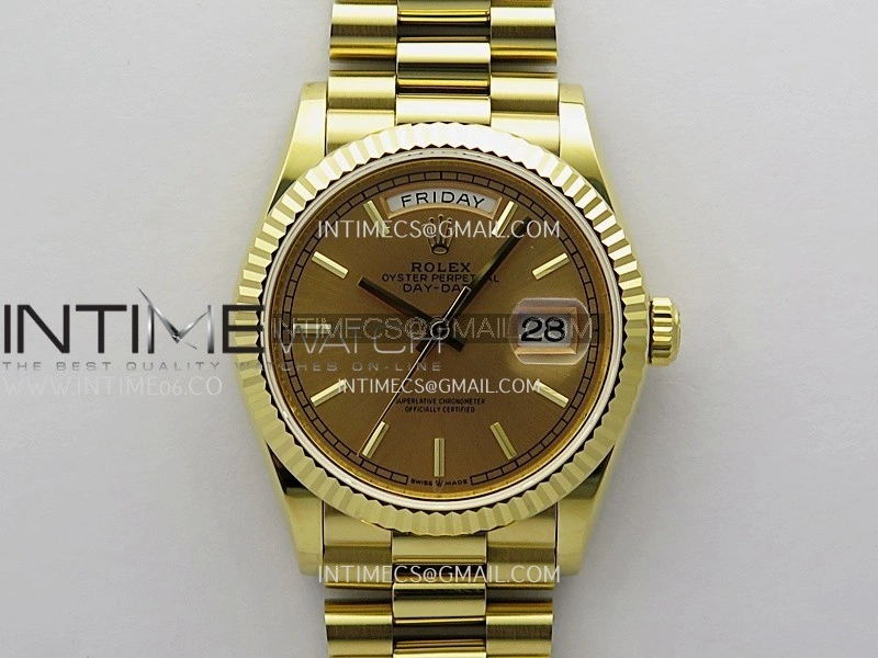 Day Date 128238 36mm YG KF 1:1 Best Edition Gold Dial Stick Marker On President Bracelet A2836