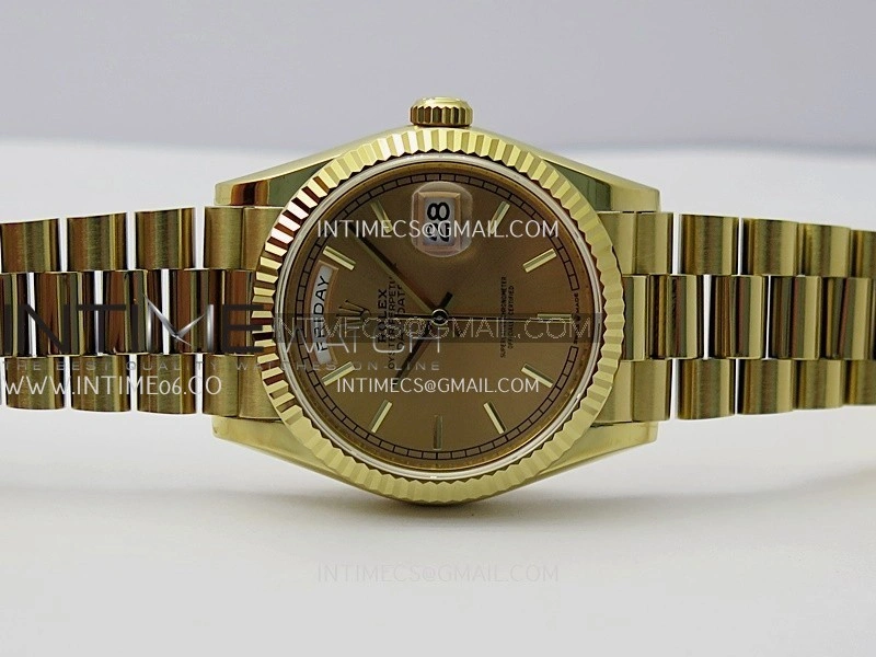 Day Date 128238 36mm YG KF 1:1 Best Edition Gold Dial Stick Marker On President Bracelet A2836