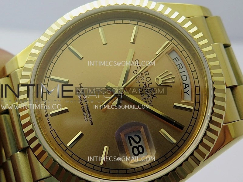 Day Date 128238 36mm YG KF 1:1 Best Edition Gold Dial Stick Marker On President Bracelet A2836