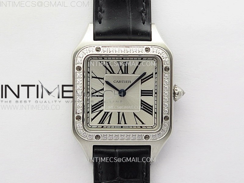 Santos Dumont 38mm SS Diamonds Bezel F1F Best Edition Silver Dial on Black Leather Strap Quartz