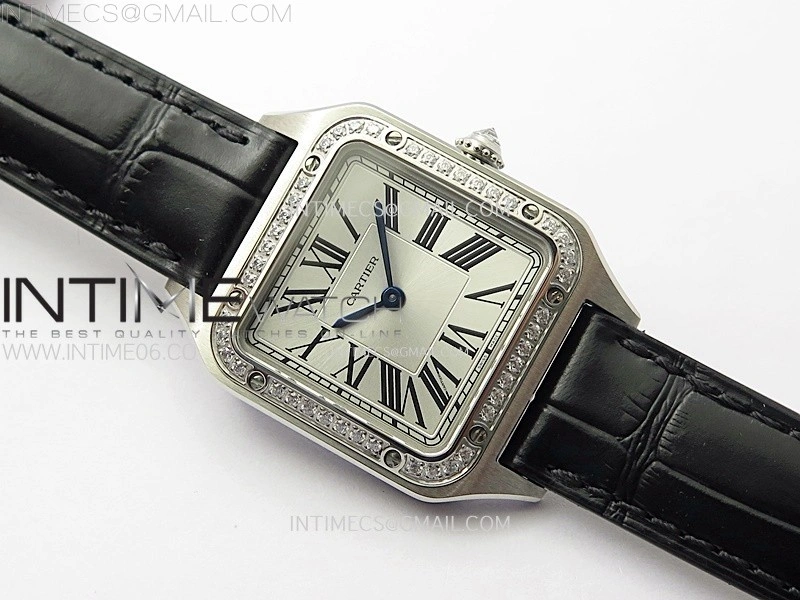 Santos Dumont 38mm SS Diamonds Bezel F1F Best Edition Silver Dial on Black Leather Strap Quartz
