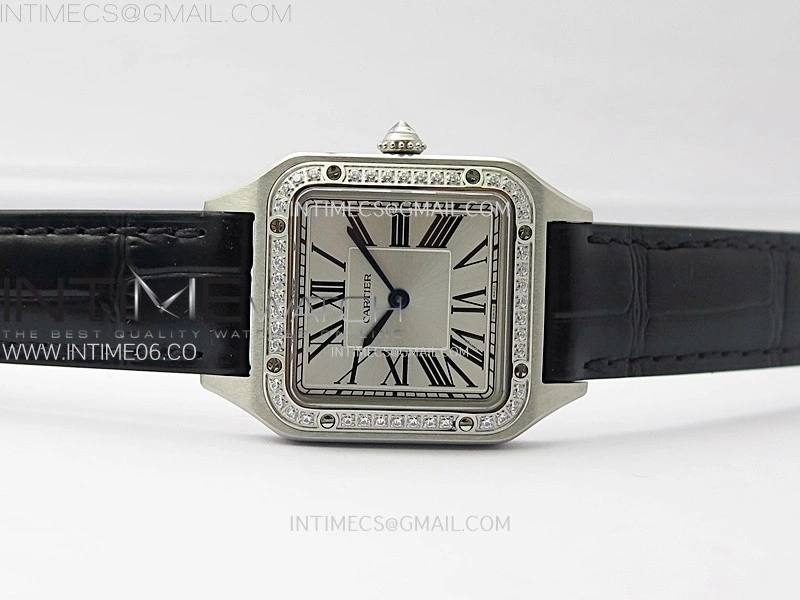 Santos Dumont 38mm SS Diamonds Bezel F1F Best Edition Silver Dial on Black Leather Strap Quartz