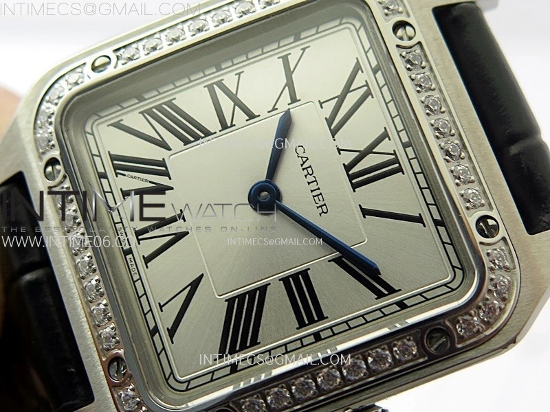 Santos Dumont 38mm SS Diamonds Bezel F1F Best Edition Silver Dial on Black Leather Strap Quartz