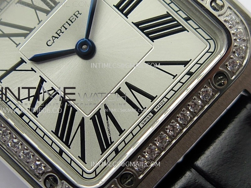 Santos Dumont 38mm SS Diamonds Bezel F1F Best Edition Silver Dial on Black Leather Strap Quartz
