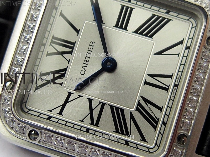 Santos Dumont 38mm SS Diamonds Bezel F1F Best Edition Silver Dial on Black Leather Strap Quartz