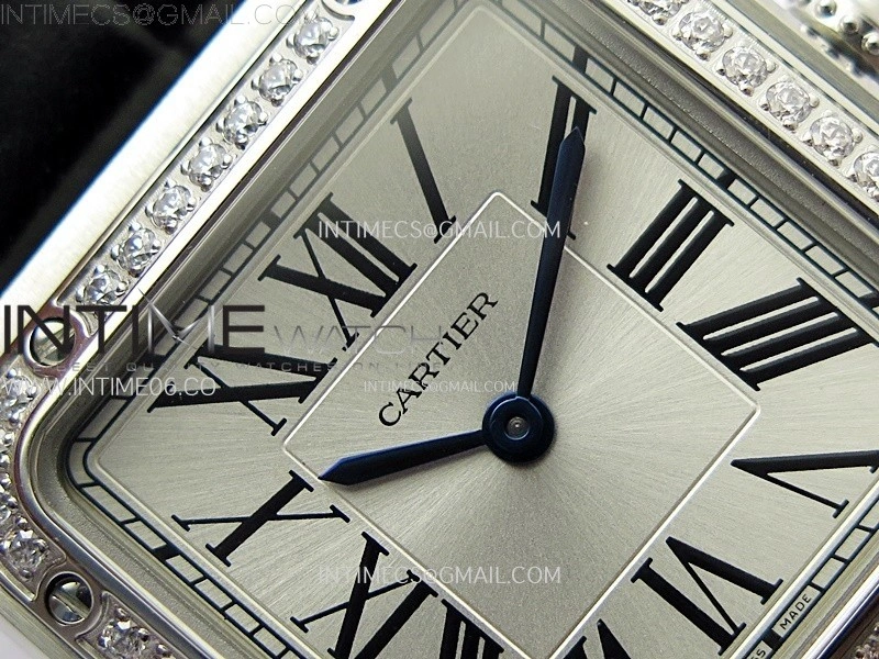 Santos Dumont 38mm SS Diamonds Bezel F1F Best Edition Silver Dial on Black Leather Strap Quartz