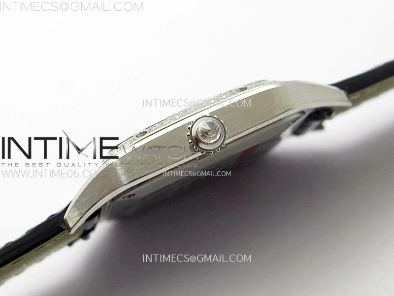Santos Dumont 38mm SS Diamonds Bezel F1F Best Edition Silver Dial on Black Leather Strap Quartz