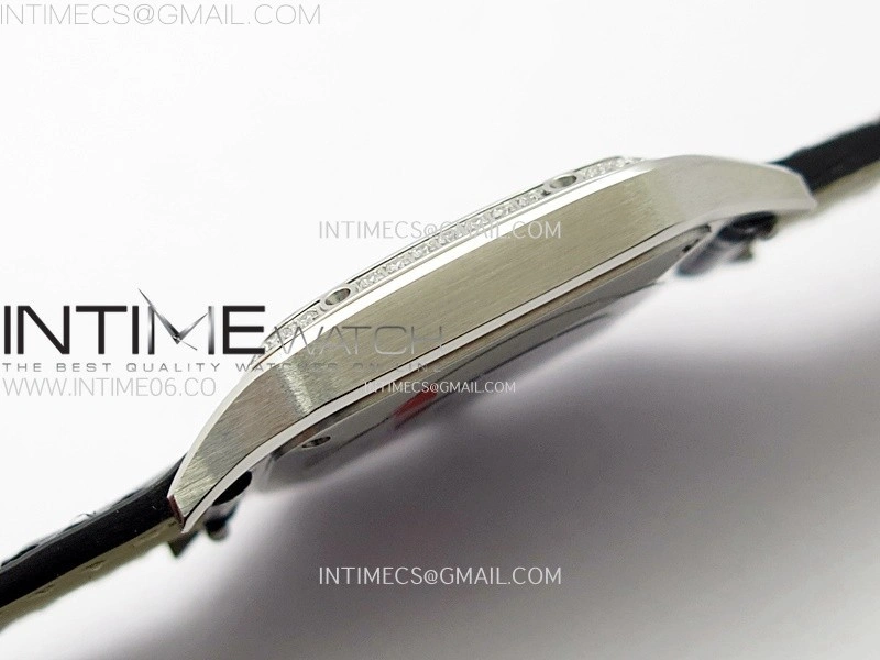 Santos Dumont 38mm SS Diamonds Bezel F1F Best Edition Silver Dial on Black Leather Strap Quartz